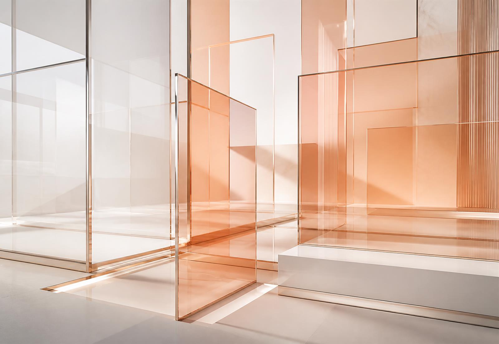 Floating tempered glass panels with slim aluminium frames in warm light